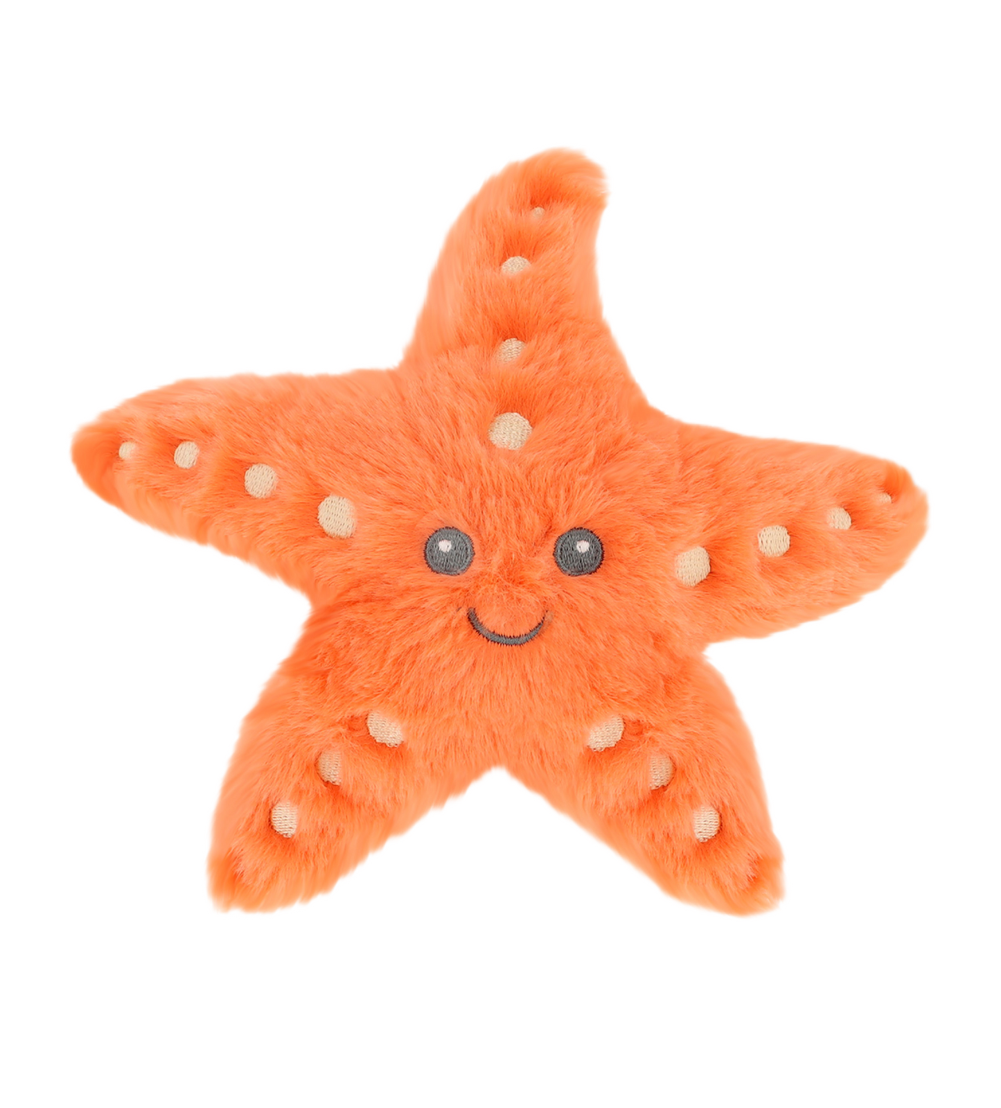 Baby knuffel zeester - Deze knuffel zeester heeft een opvallende, helderoranje kleur. Hij is plat en heeft de klassieke vijfarmige vorm. Het gezicht bevindt zich in het midden en bestaat uit twee donkergrijze, geborduurde kraalogen en een subtiel geborduurd glimlachend mondje. Als extra detail zijn de armen voorzien van lichtere, crèmekleurige ronde stippen. - Snelwenskaart