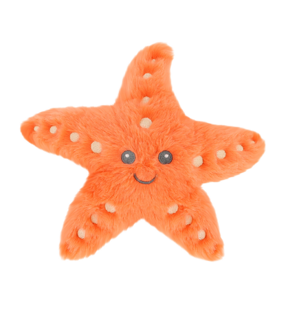 Baby knuffel zeester - Deze knuffel zeester heeft een opvallende, helderoranje kleur. Hij is plat en heeft de klassieke vijfarmige vorm. Het gezicht bevindt zich in het midden en bestaat uit twee donkergrijze, geborduurde kraalogen en een subtiel geborduurd glimlachend mondje. Als extra detail zijn de armen voorzien van lichtere, crèmekleurige ronde stippen. - Snelwenskaart