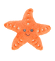 Baby knuffel zeester - Deze knuffel zeester heeft een opvallende, helderoranje kleur. Hij is plat en heeft de klassieke vijfarmige vorm. Het gezicht bevindt zich in het midden en bestaat uit twee donkergrijze, geborduurde kraalogen en een subtiel geborduurd glimlachend mondje. Als extra detail zijn de armen voorzien van lichtere, crèmekleurige ronde stippen. - Snelwenskaart