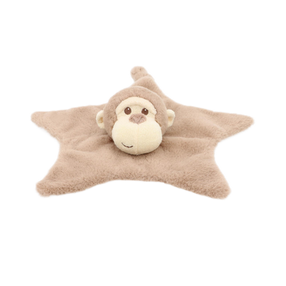 Baby knuffeldoekje aapje - Deze knuffeldoek heeft een platte, stervormige basis in een lichtbruine kleur. In het midden is het hoofd van een aap bevestigd. Dit apenhoofd is lichtbruin met een crèmekleurig gezichtsmasker en snuit, voorzien van geborduurde bruine ogen, een bruine neus en een subtiel glimlachend mondje. - Snelwenskaart