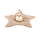 Baby knuffeldoekje aapje - Deze knuffeldoek heeft een platte, stervormige basis in een lichtbruine kleur. In het midden is het hoofd van een aap bevestigd. Dit apenhoofd is lichtbruin met een crèmekleurig gezichtsmasker en snuit, voorzien van geborduurde bruine ogen, een bruine neus en een subtiel glimlachend mondje. - Snelwenskaart