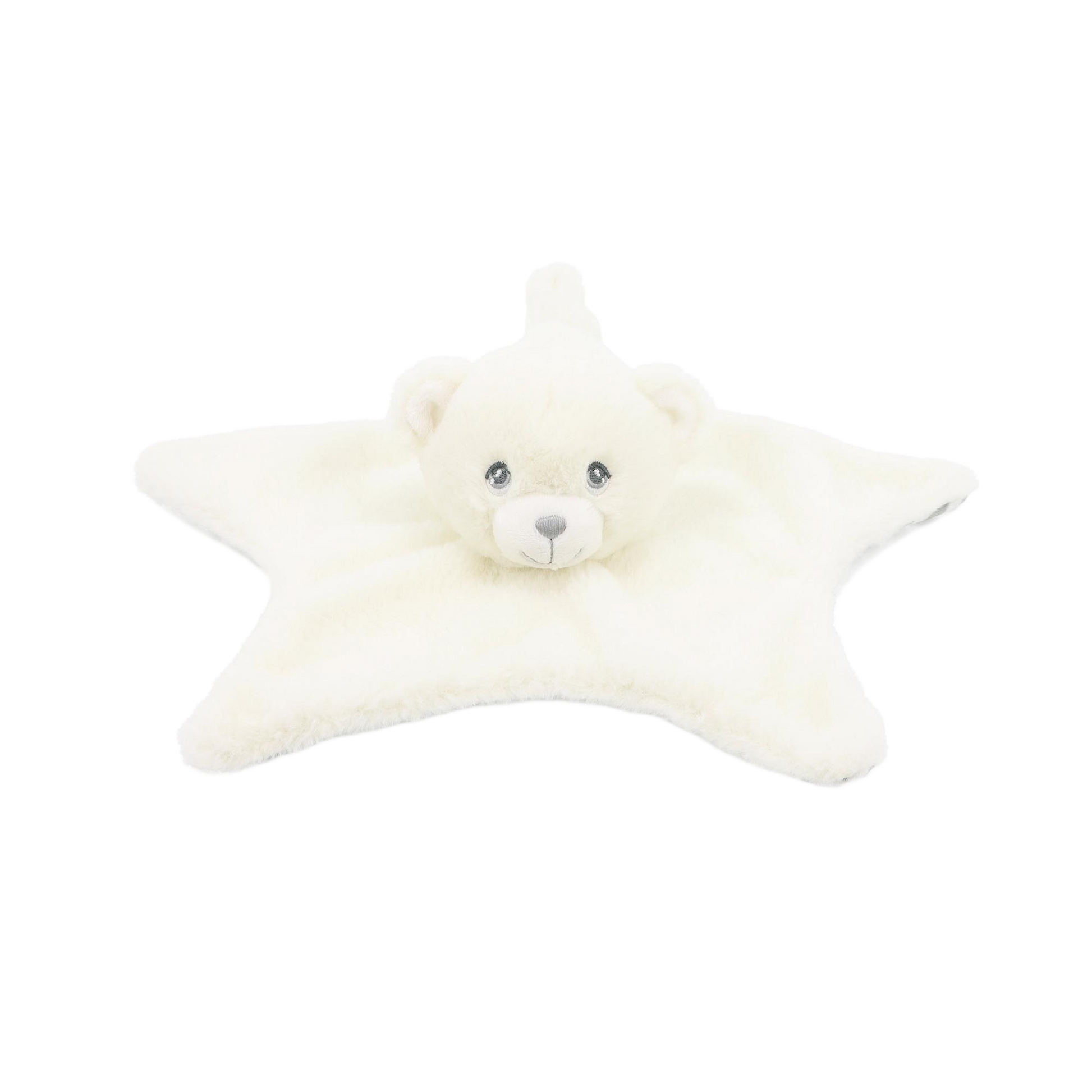 Baby knuffeldoekje beertje - Deze knuffeldoek heeft een platte, stervormige basis in een gebroken witte kleur. In het midden is het hoofd van een beer bevestigd. Dit berenhoofd is gebroken wit van kleur, met grijze ogen, een grijze neus en een subtiel geborduurd lachend mondje. - Snelwenskaart
