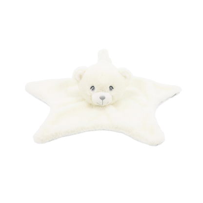 Baby knuffeldoekje beertje - Deze knuffeldoek heeft een platte, stervormige basis in een gebroken witte kleur. In het midden is het hoofd van een beer bevestigd. Dit berenhoofd is gebroken wit van kleur, met grijze ogen, een grijze neus en een subtiel geborduurd lachend mondje. - Snelwenskaart