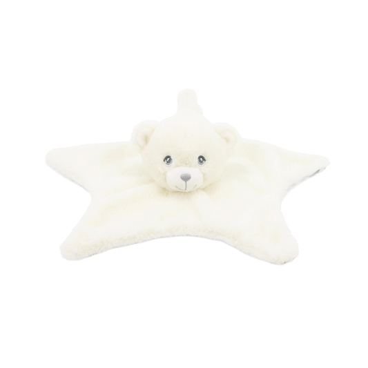 Baby knuffeldoekje beertje - Deze knuffeldoek heeft een platte, stervormige basis in een gebroken witte kleur. In het midden is het hoofd van een beer bevestigd. Dit berenhoofd is gebroken wit van kleur, met grijze ogen, een grijze neus en een subtiel geborduurd lachend mondje. - Snelwenskaart