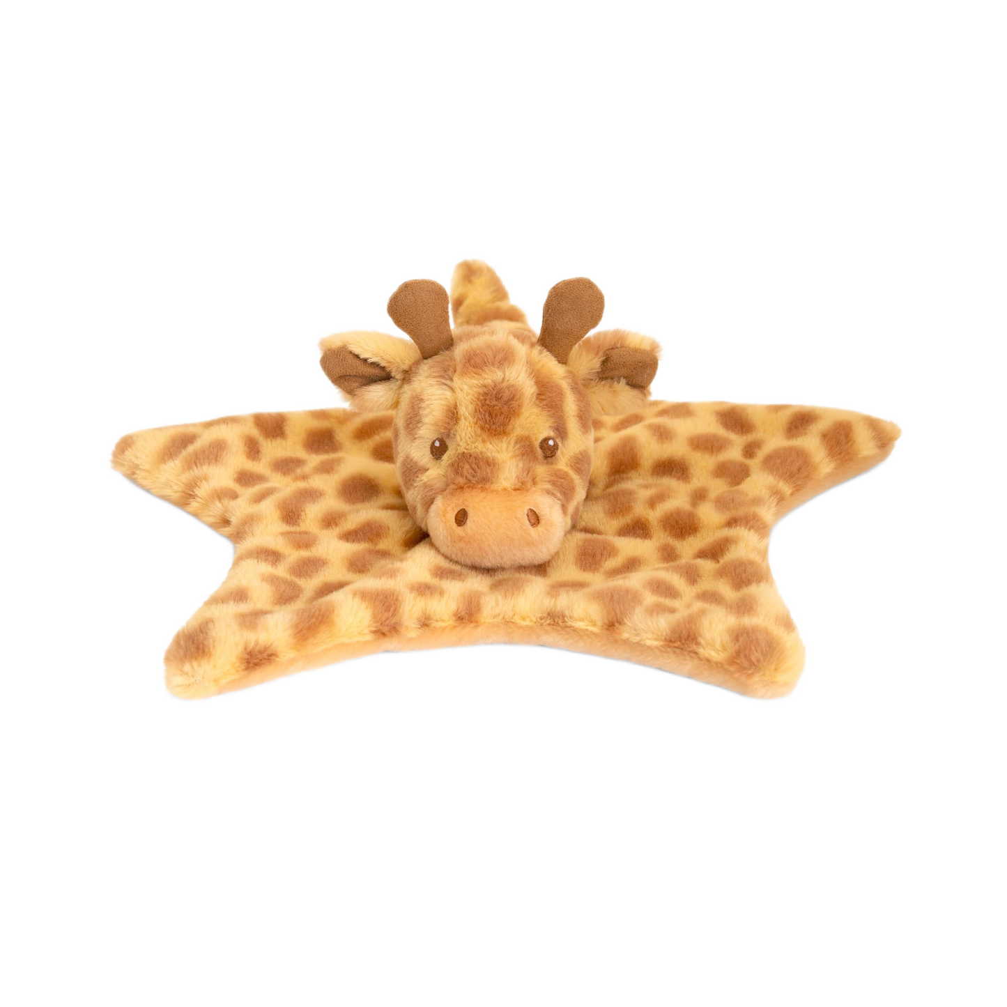 Baby knuffeldoekje giraffe - Deze knuffeldoek heeft een platte, stervormige basis in een crèmekleur met donkerbruine vlekken. In het midden is het hoofd van een giraffe bevestigd. Dit giraffengehoofd heeft twee donkerbruine hoorntjes, oren aan de zijkant, donkere ogen en een subtiel neusje. - Snelwenskaart