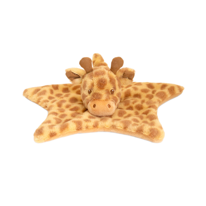 Baby knuffeldoekje giraffe - Deze knuffeldoek heeft een platte, stervormige basis in een crèmekleur met donkerbruine vlekken. In het midden is het hoofd van een giraffe bevestigd. Dit giraffengehoofd heeft twee donkerbruine hoorntjes, oren aan de zijkant, donkere ogen en een subtiel neusje. - Snelwenskaart