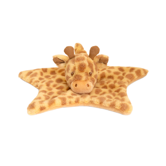Baby knuffeldoekje giraffe - Deze knuffeldoek heeft een platte, stervormige basis in een crèmekleur met donkerbruine vlekken. In het midden is het hoofd van een giraffe bevestigd. Dit giraffengehoofd heeft twee donkerbruine hoorntjes, oren aan de zijkant, donkere ogen en een subtiel neusje. - Snelwenskaart
