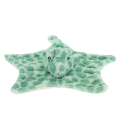 Baby knuffeldoekje schildpad - Deze knuffeldoek heeft een platte, stervormige basis in een mintgroene kleur met donkerdere, vlekkerige patronen. In het midden is het kopje van een schildpad bevestigd. Dit schildpadkopje is effen mintgroen, voorzien van donkere kraalogen. - Snelwenskaart