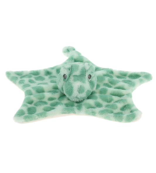 Baby knuffeldoekje schildpad - Deze knuffeldoek heeft een platte, stervormige basis in een mintgroene kleur met donkerdere, vlekkerige patronen. In het midden is het kopje van een schildpad bevestigd. Dit schildpadkopje is effen mintgroen, voorzien van donkere kraalogen. - Snelwenskaart