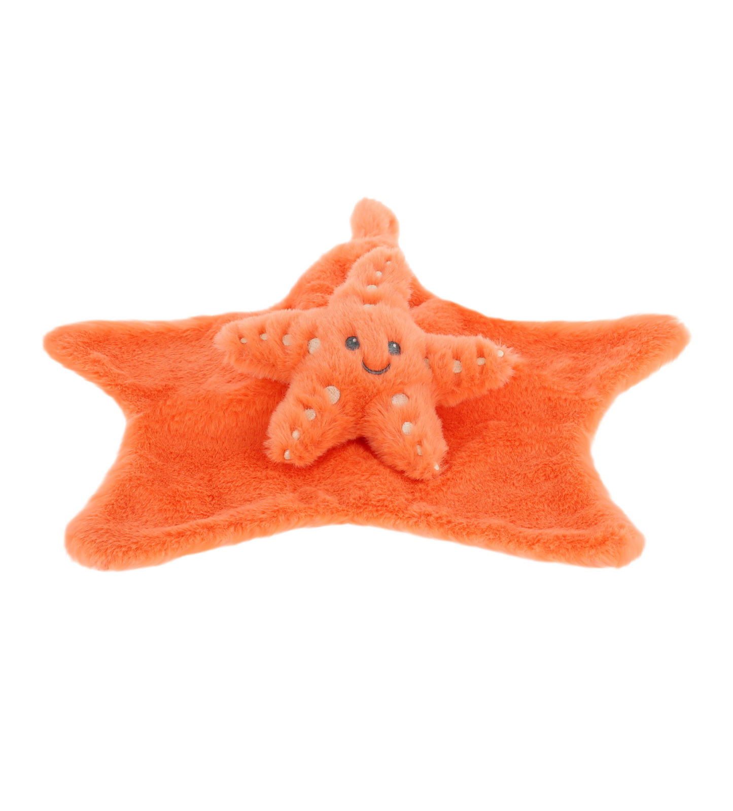 Baby knuffeldoekje zeester - Deze knuffeldoek heeft een platte, stervormige basis in een helderoranje kleur. In het midden is een kleine, opgestikte zeester bevestigd. Deze zeester heeft twee donkergrijze, geborduurde kraalogen, een subtiel geborduurd glimlachend mondje en is voorzien van lichtere, crèmekleurige stippen op de armen. - Snelwenskaart