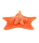 Baby knuffeldoekje zeester - Deze knuffeldoek heeft een platte, stervormige basis in een helderoranje kleur. In het midden is een kleine, opgestikte zeester bevestigd. Deze zeester heeft twee donkergrijze, geborduurde kraalogen, een subtiel geborduurd glimlachend mondje en is voorzien van lichtere, crèmekleurige stippen op de armen. - Snelwenskaart