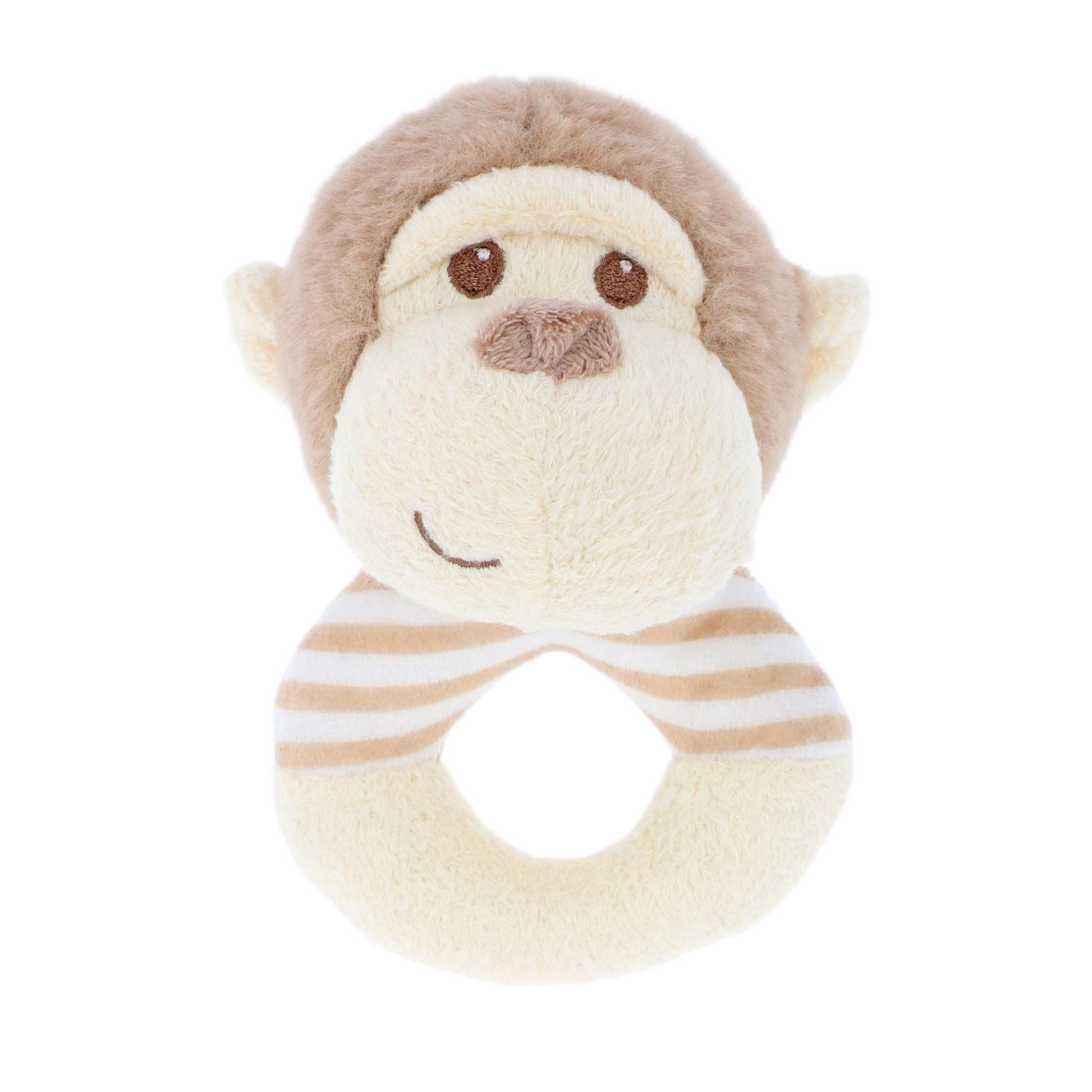 Baby rammelaar aapje - Deze knuffel rammelaar heeft een ronde ringvorm in de kleuren crème en lichtbruin. De ring is gedeeltelijk voorzien van lichtbruine en witte strepen. Bovenop de ring is het hoofd van een aap bevestigd. Dit apenhoofd is lichtbruin met een crèmekleurig gezichtsmasker en snuit, voorzien van geborduurde bruine ogen, een bruine neus en een subtiel geborduurd glimlachend mondje. - Snelwenskaart