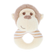Baby rammelaar aapje - Deze knuffel rammelaar heeft een ronde ringvorm in de kleuren crème en lichtbruin. De ring is gedeeltelijk voorzien van lichtbruine en witte strepen. Bovenop de ring is het hoofd van een aap bevestigd. Dit apenhoofd is lichtbruin met een crèmekleurig gezichtsmasker en snuit, voorzien van geborduurde bruine ogen, een bruine neus en een subtiel geborduurd glimlachend mondje. - Snelwenskaart
