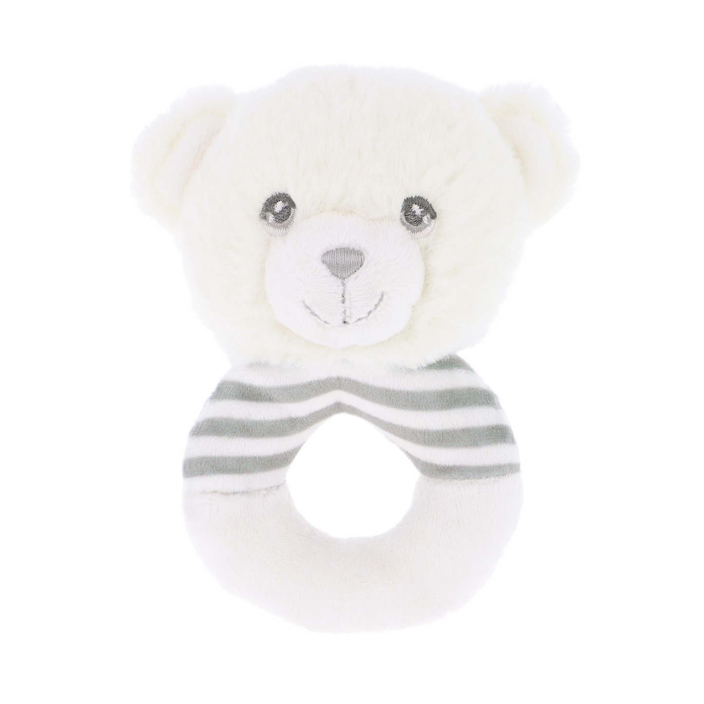 Baby rammelaar beertje - Deze knuffel rammelaar heeft een ronde ringvorm in de kleuren wit en grijs. De ring is gedeeltelijk voorzien van grijze en witte strepen. Bovenop de ring is het hoofd van een beer bevestigd. Dit berenhoofd is gebroken wit van kleur, met grijze ogen, een grijze neus en een subtiel geborduurd lachend mondje. - Snelwenskaart
