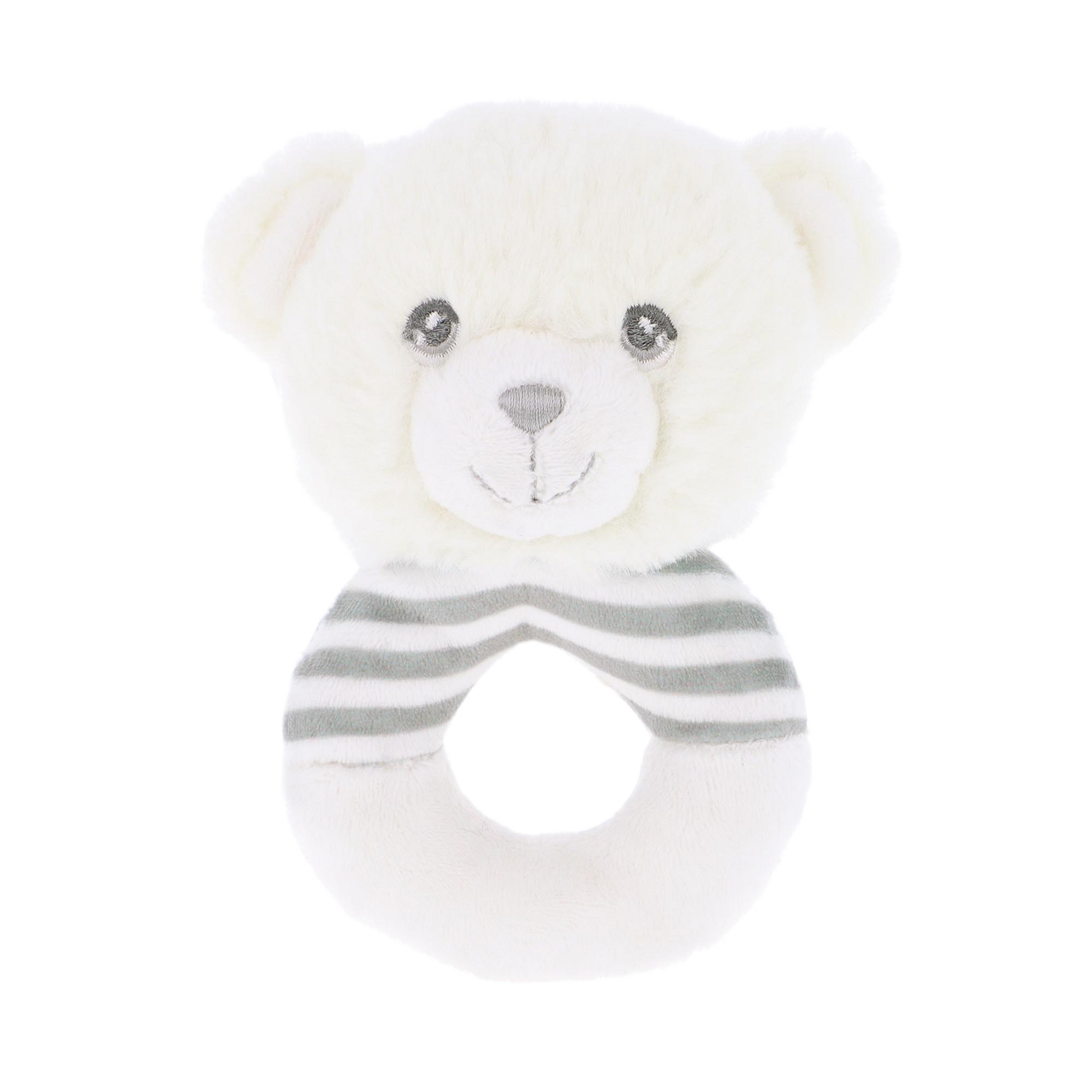 Baby rammelaar beertje - Deze knuffel rammelaar heeft een ronde ringvorm in de kleuren wit en grijs. De ring is gedeeltelijk voorzien van grijze en witte strepen. Bovenop de ring is het hoofd van een beer bevestigd. Dit berenhoofd is gebroken wit van kleur, met grijze ogen, een grijze neus en een subtiel geborduurd lachend mondje. - Snelwenskaart