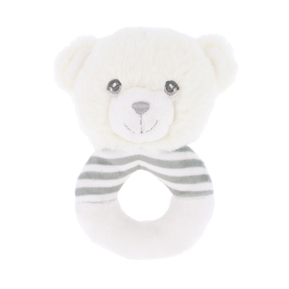 Baby rammelaar beertje - Deze knuffel rammelaar heeft een ronde ringvorm in de kleuren wit en grijs. De ring is gedeeltelijk voorzien van grijze en witte strepen. Bovenop de ring is het hoofd van een beer bevestigd. Dit berenhoofd is gebroken wit van kleur, met grijze ogen, een grijze neus en een subtiel geborduurd lachend mondje. - Snelwenskaart