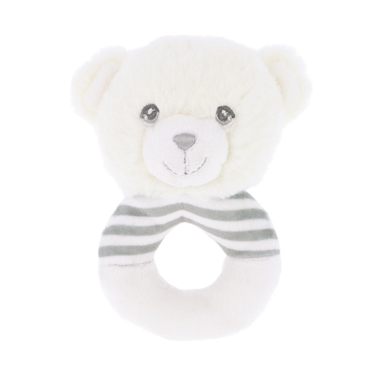 Baby rammelaar beertje - Deze knuffel rammelaar heeft een ronde ringvorm in de kleuren wit en grijs. De ring is gedeeltelijk voorzien van grijze en witte strepen. Bovenop de ring is het hoofd van een beer bevestigd. Dit berenhoofd is gebroken wit van kleur, met grijze ogen, een grijze neus en een subtiel geborduurd lachend mondje. - Snelwenskaart
