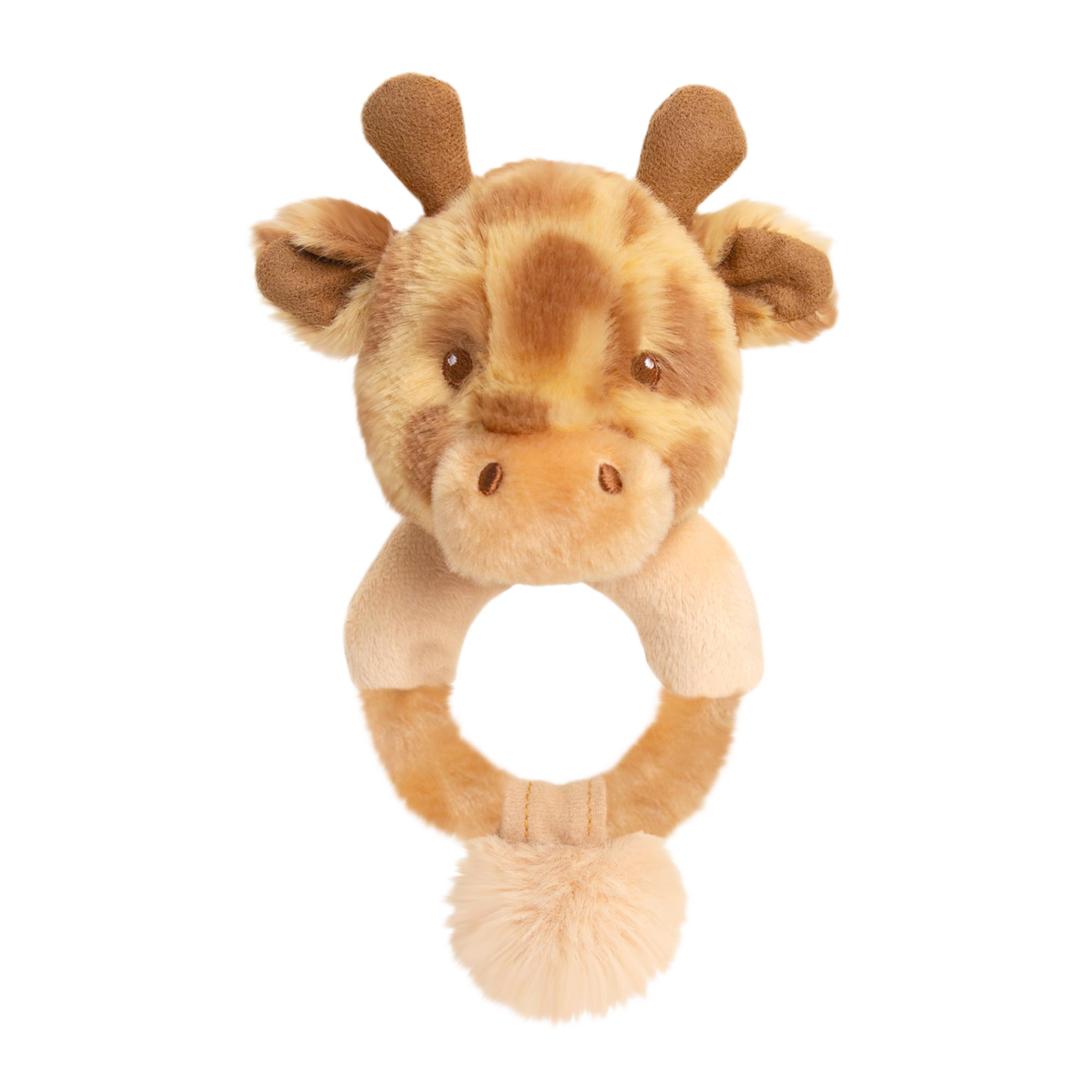 Baby rammelaar giraffe - Deze knuffel rammelaar heeft een ronde ringvorm in een crèmekleur. Bovenop de ring is het hoofd van een giraffe bevestigd. Dit giraffengehoofd heeft een crèmekleurige basis met donkerbruine vlekken, twee donkerbruine hoorntjes, oren aan de zijkant, donkere ogen en een subtiel neusje. Aan de onderkant van de ring bevindt zich een klein pluizig bolletje. - Snelwenskaart
