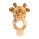 Baby rammelaar giraffe - Deze knuffel rammelaar heeft een ronde ringvorm in een crèmekleur. Bovenop de ring is het hoofd van een giraffe bevestigd. Dit giraffengehoofd heeft een crèmekleurige basis met donkerbruine vlekken, twee donkerbruine hoorntjes, oren aan de zijkant, donkere ogen en een subtiel neusje. Aan de onderkant van de ring bevindt zich een klein pluizig bolletje. - Snelwenskaart