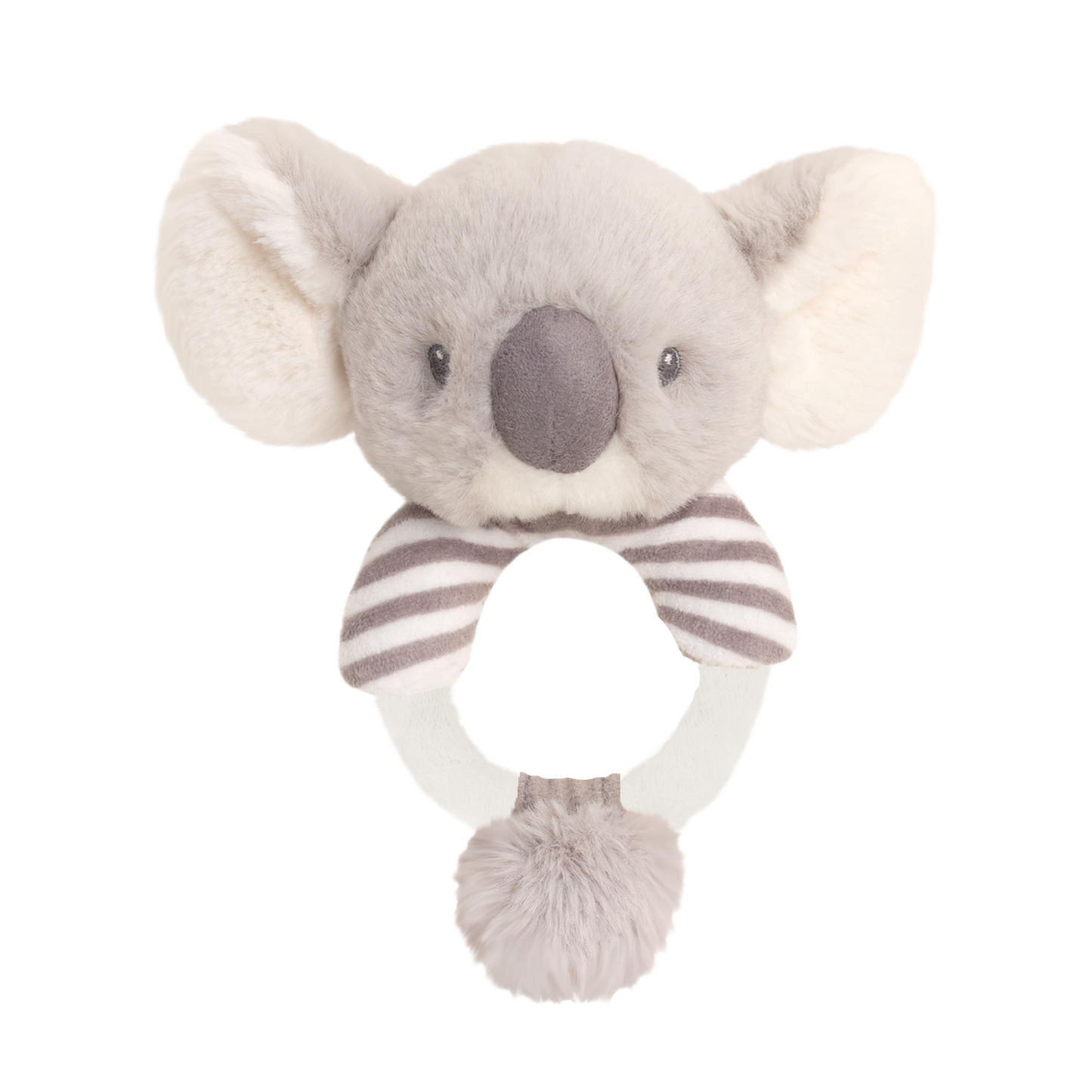 Baby rammelaar koala - Deze knuffel rammelaar heeft een ronde ringvorm in de kleuren wit en grijs. De ring is gedeeltelijk voorzien van grijze en witte strepen. Bovenop de ring is het hoofd van een koala bevestigd. Dit koalahoofd is grijs met grote oren waarvan de binnenkant crème is, en is voorzien van donkere kraalogen en een grote, donkergrijze neus. Aan de onderkant van de ring bevindt zich een klein pluizig bolletje. - Snelwenskaart