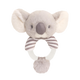 Baby rammelaar koala - Deze knuffel rammelaar heeft een ronde ringvorm in de kleuren wit en grijs. De ring is gedeeltelijk voorzien van grijze en witte strepen. Bovenop de ring is het hoofd van een koala bevestigd. Dit koalahoofd is grijs met grote oren waarvan de binnenkant crème is, en is voorzien van donkere kraalogen en een grote, donkergrijze neus. Aan de onderkant van de ring bevindt zich een klein pluizig bolletje. - Snelwenskaart