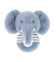 Baby rammelaar olifant - Deze knuffel rammelaar heeft een ronde ringvorm in de kleuren blauw en wit. De ring is gedeeltelijk voorzien van blauwe en witte strepen. Bovenop de ring is het hoofd van een olifant bevestigd. Dit olifantenhoofd is blauw met grote oren, geborduurde kraalogen, kleine witte slagtanden en een lange slurf die over de ring hangt. - Snelwenskaart
