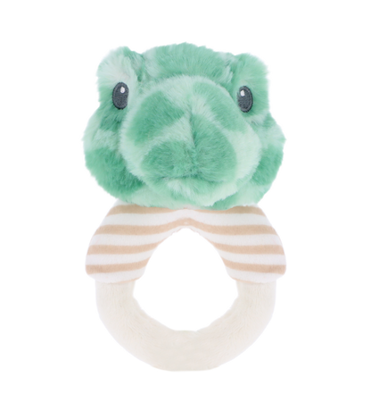 Baby rammelaar schildpad - Deze knuffel rammelaar heeft een ronde ringvorm in de kleuren crèmekleur en lichtbruin. De ring is gedeeltelijk voorzien van lichtbruine en witte strepen. Bovenop de ring is het hoofd van een schildpad bevestigd. Dit schildpadkopje is uitgevoerd in een mintgroene kleur met donkerdere vlekjes en is voorzien van donkere kraalogen. - Snelwenskaart