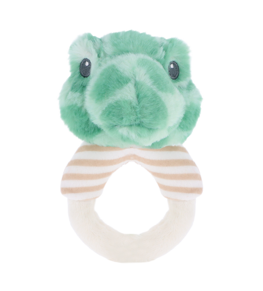 Baby rammelaar schildpad - Deze knuffel rammelaar heeft een ronde ringvorm in de kleuren crèmekleur en lichtbruin. De ring is gedeeltelijk voorzien van lichtbruine en witte strepen. Bovenop de ring is het hoofd van een schildpad bevestigd. Dit schildpadkopje is uitgevoerd in een mintgroene kleur met donkerdere vlekjes en is voorzien van donkere kraalogen. - Snelwenskaart
