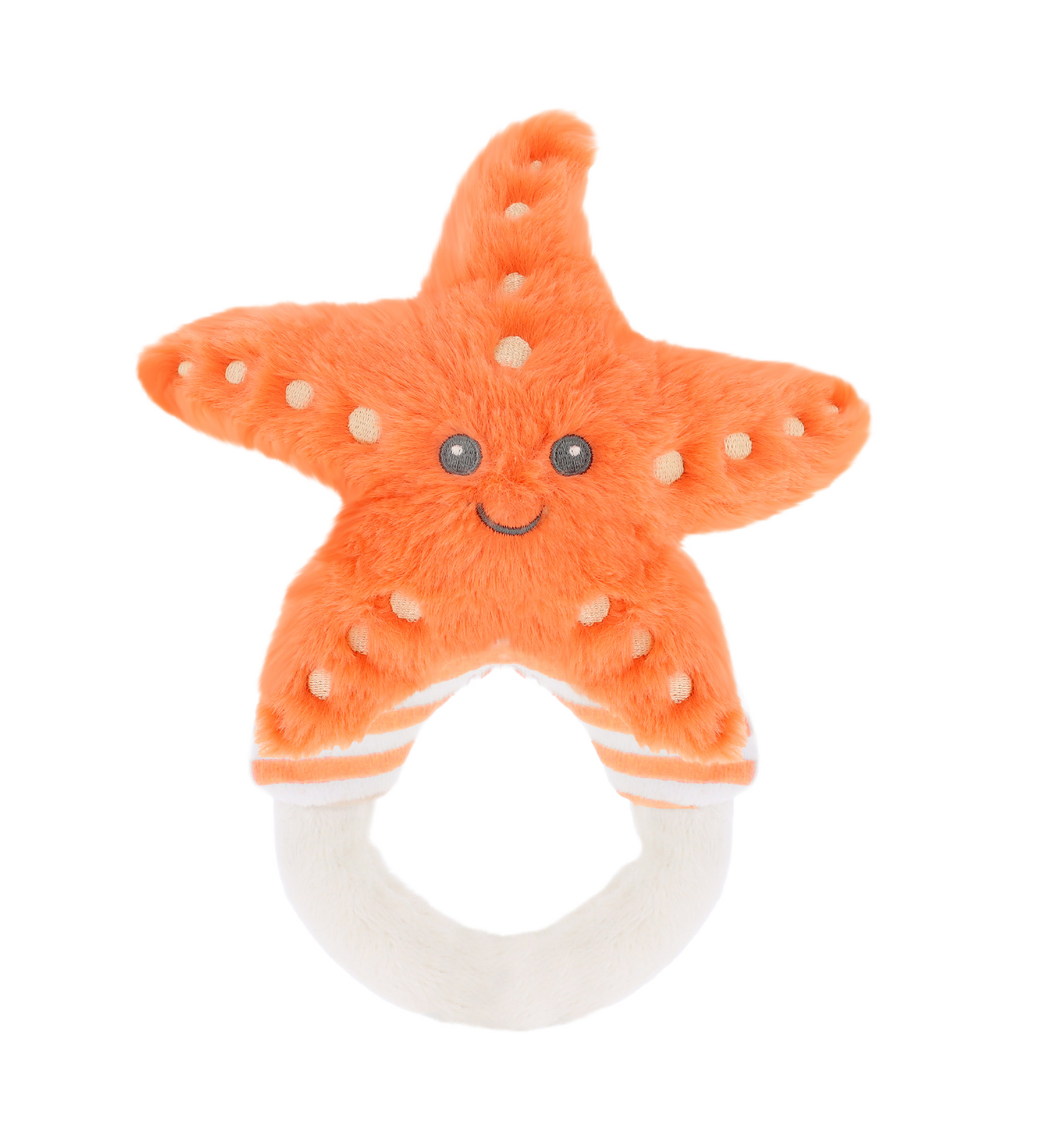 Baby rammelaar zeester - Deze knuffel rammelaar heeft een ronde ringvorm in een crèmekleur. De ring is gedeeltelijk voorzien van oranje en witte strepen. Bovenop de ring is het figuur van een zeester bevestigd. Deze helderoranje zeester is voorzien van donkergrijze, geborduurde kraalogen, een subtiel geborduurd glimlachend mondje en lichtere, crèmekleurige stippen op de armen. - Snelwenskaart