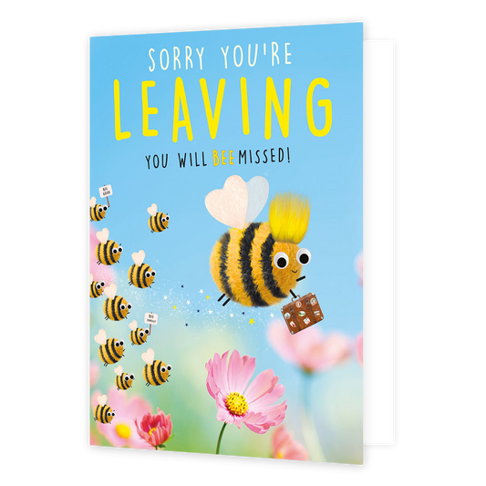 Sorry you're leaving you will bee missed - Formaat: Groot - Vorm: Staand - Afscheidskaart - Op deze wenskaart zie je één grote bij en een aantal kleine bijen. Ze vliegen over roze bloemen heen. Bovenin de kaart staat de tekst 'Sorry you're leaving you will bee missed'. - Snelwenskaart