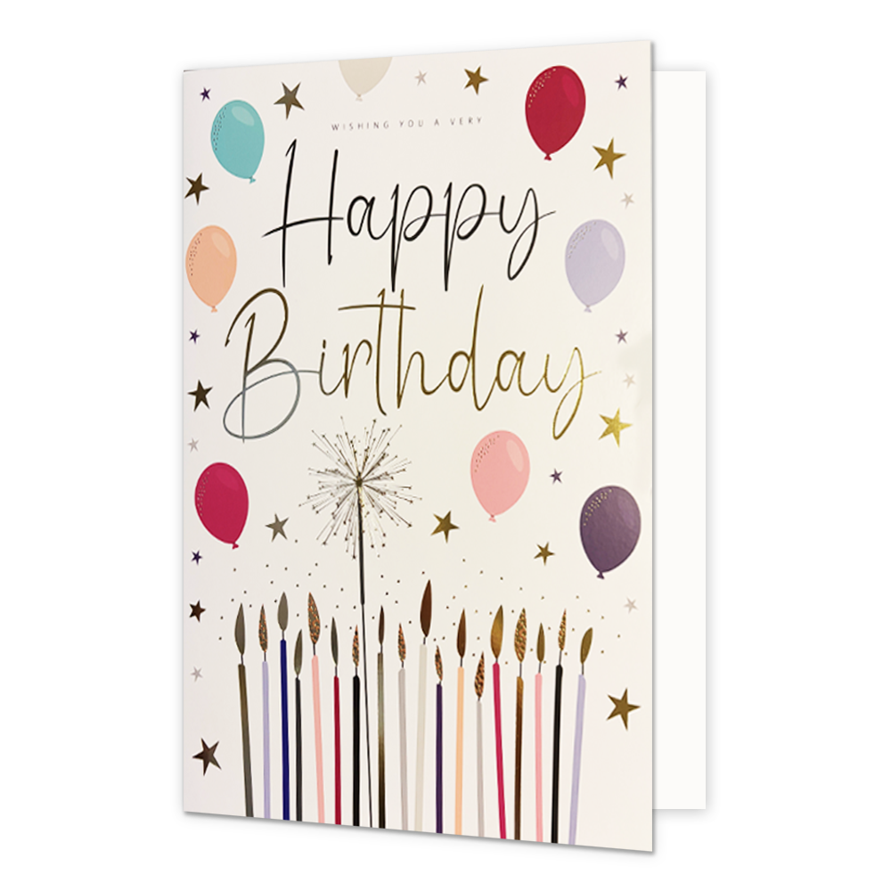 XL kaart - Happy birthday - Formaat: Groot - Vorm: Staand - Verjaardagskaart - Op deze wenskaart staan kaarsjes, ballonnen en sterren met de tekst: "Happy birthday". - Snelwenskaart