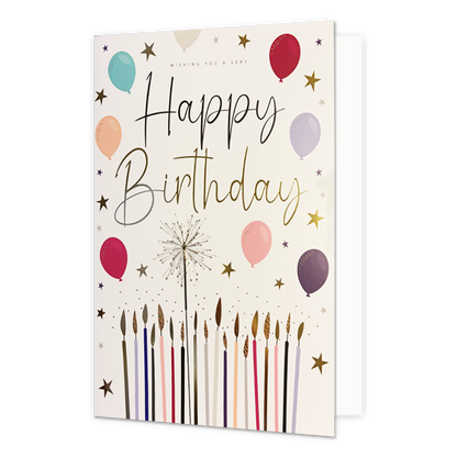 XL kaart - Happy birthday - Formaat: Groot - Vorm: Staand - Verjaardagskaart - Op deze wenskaart staan kaarsjes, ballonnen en sterren met de tekst: "Happy birthday". - Snelwenskaart