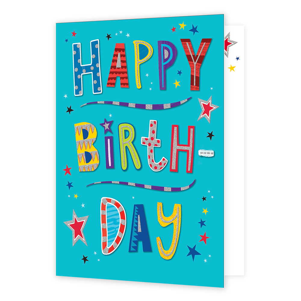 XL kaart - Happy birthday - Formaat: Groot - Vorm: Staand - Verjaardagskaart - Op deze wenskaart staat de tekst: "Happy birthday" op een blauwe achtergrond, omringt door sterren. - Snelwenskaart