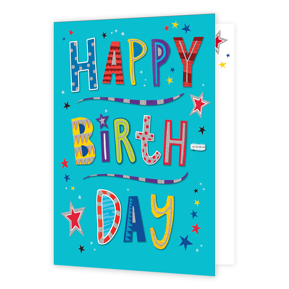 Op deze wenskaart staat in verschillende kleuren de tekst 'Happy birth-day'. De achtergrond van de kaart is blauw en om de tekst heen staan sterren in de kleuren zwart, rood, geel en blauw.
