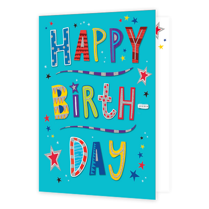 Op deze wenskaart staat in verschillende kleuren de tekst 'Happy birth-day'. De achtergrond van de kaart is blauw en om de tekst heen staan sterren in de kleuren zwart, rood, geel en blauw.