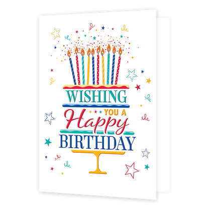 XL kaart - Wishing you a happy birthday - Formaat: Groot - Vorm: Staand - Verjaardagskaart - Op deze wenskaart staat de tekst: "Wishing you a happy birthday" die een drielaags taart vormen met kaarsen erbovenop. - Snelwenskaart