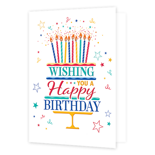 XL kaart - Wishing you a happy birthday - Formaat: Groot - Vorm: Staand - Verjaardagskaart - Op deze wenskaart staat de tekst: "Wishing you a happy birthday" die een drielaags taart vormen met kaarsen erbovenop. - Snelwenskaart