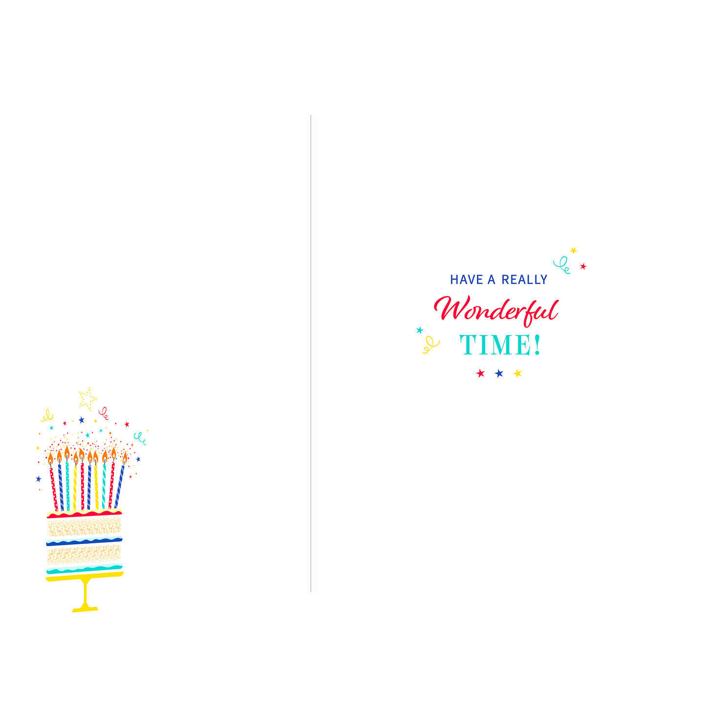 De binnenzijde van de wenskaart is bedrukt met een ontwerp passend bij de voorzijde van de kaart en de tekst "Have a really wonderful time!".