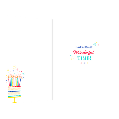 De binnenzijde van de wenskaart is bedrukt met een ontwerp passend bij de voorzijde van de kaart en de tekst "Have a really wonderful time!".