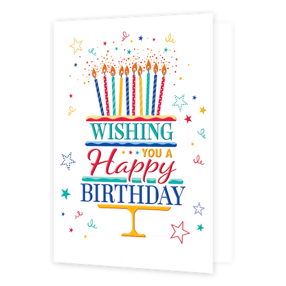  Op deze wenskaart staat een grote taart met meerder kaarsen. In de taart staat in de kleuren lichtblauw, geel, rood en donkerblauw de tekst 'Wishing you a happy birthday'. 