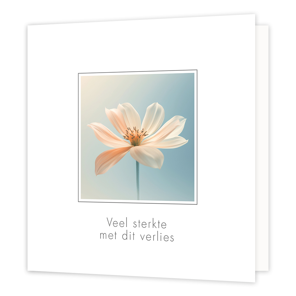 Veel sterkte met dit verlies - Formaat: Normaal - Vorm: Vierkant - Condoleance kaart - Op deze wenskaart staat een witte bloem in een blauw kader. Onder de kader staat de tekst: "Veel sterkte met dit verlies". - Snelwenskaart