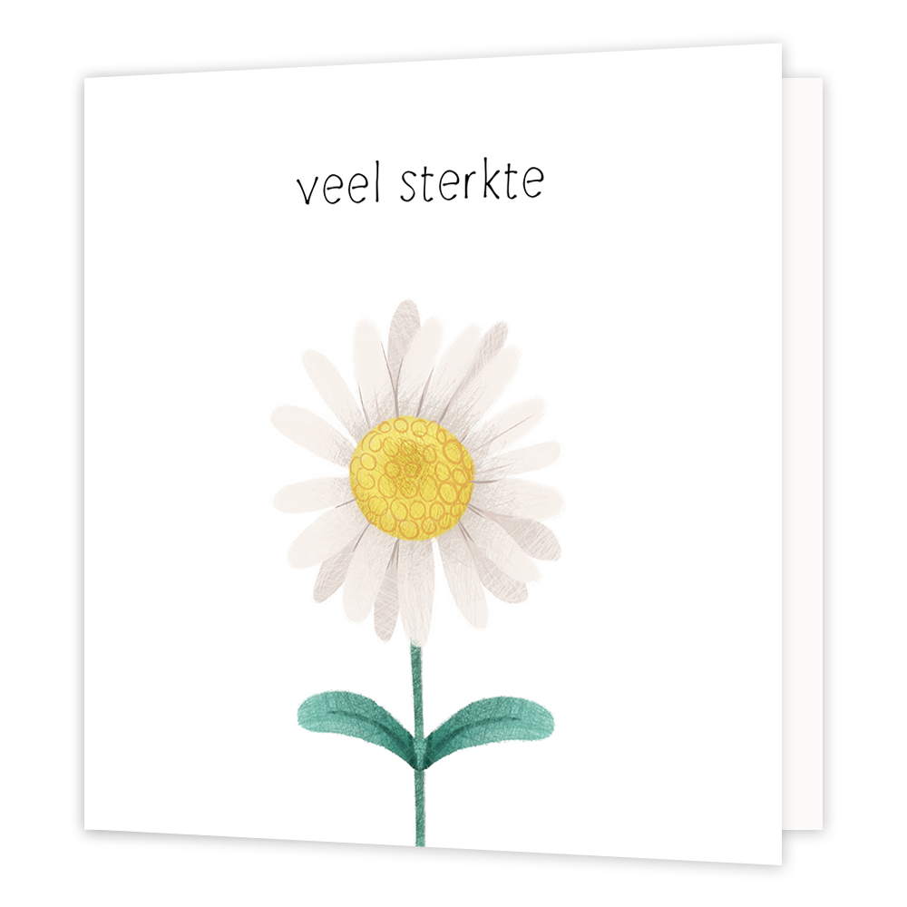 Veel sterkte - Formaat: Normaal - Vorm: Vierkant - Condoleance kaart - Op deze wenskaart staat een witte bloem met daarboven de tekst: "Veel sterkte". - Snelwenskaart