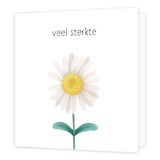 Veel sterkte - Formaat: Normaal - Vorm: Vierkant - Condoleance kaart - Op deze wenskaart staat een witte bloem met daarboven de tekst: "Veel sterkte". - Snelwenskaart