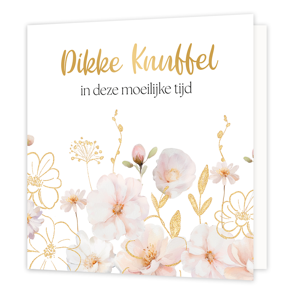 Dikke knuffel in deze moeilijke tijd - Formaat: Normaal - Vorm: Vierkant - Denken aan kaart - Op deze wenskaart zijn bloemen te zien in de kleuren wit, roze, goud en beige. Boven de bloemen staat de tekst: "Dikke knuffel in deze moeilijke tijd". - Snelwenskaart
