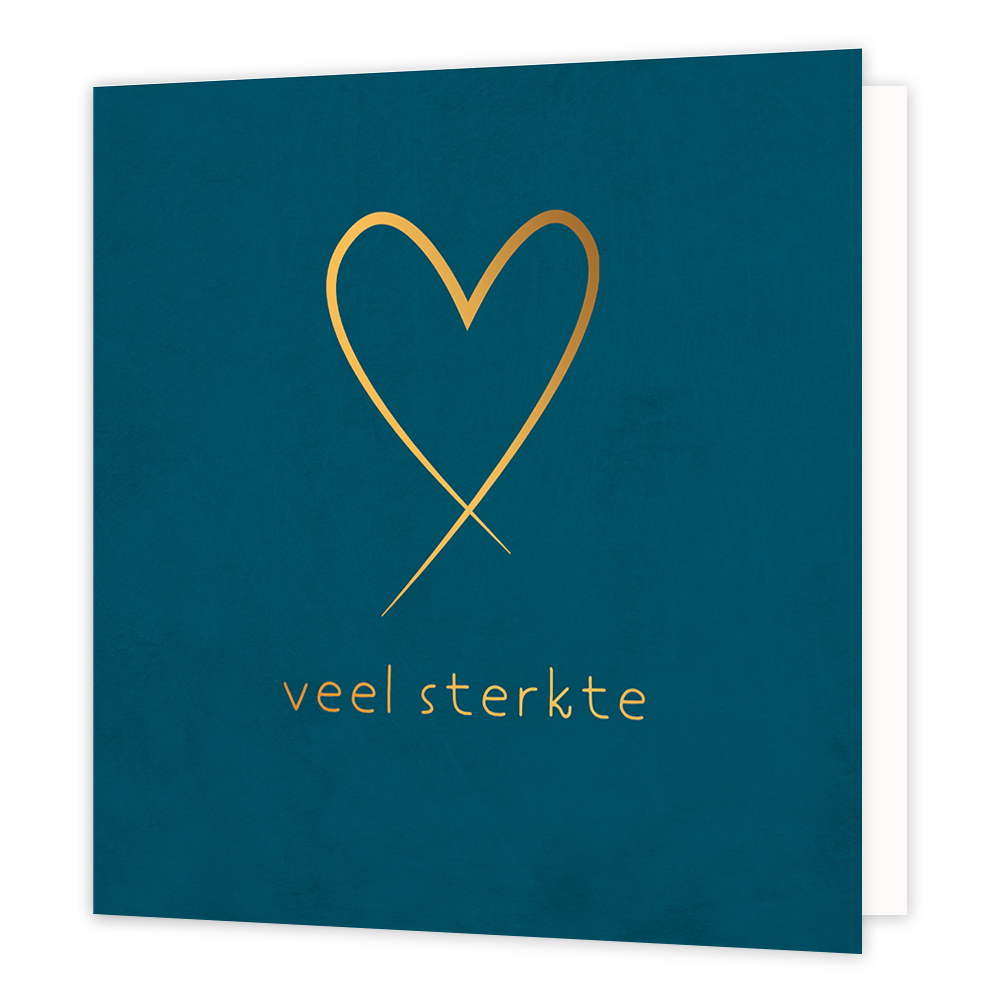 Veel sterkte - Formaat: Normaal - Vorm: Vierkant - Condoleance kaart - Op deze wenskaart staat een gouden hart op een donkerblauwe achtergrond met daaronder de tekst: "Veel sterkte". - Snelwenskaart
