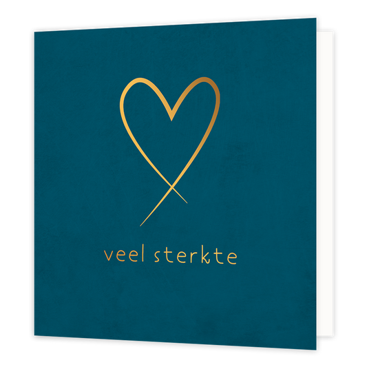 Veel sterkte - Formaat: Normaal - Vorm: Vierkant - Condoleance kaart - Op deze wenskaart staat een gouden hart op een donkerblauwe achtergrond met daaronder de tekst: "Veel sterkte". - Snelwenskaart