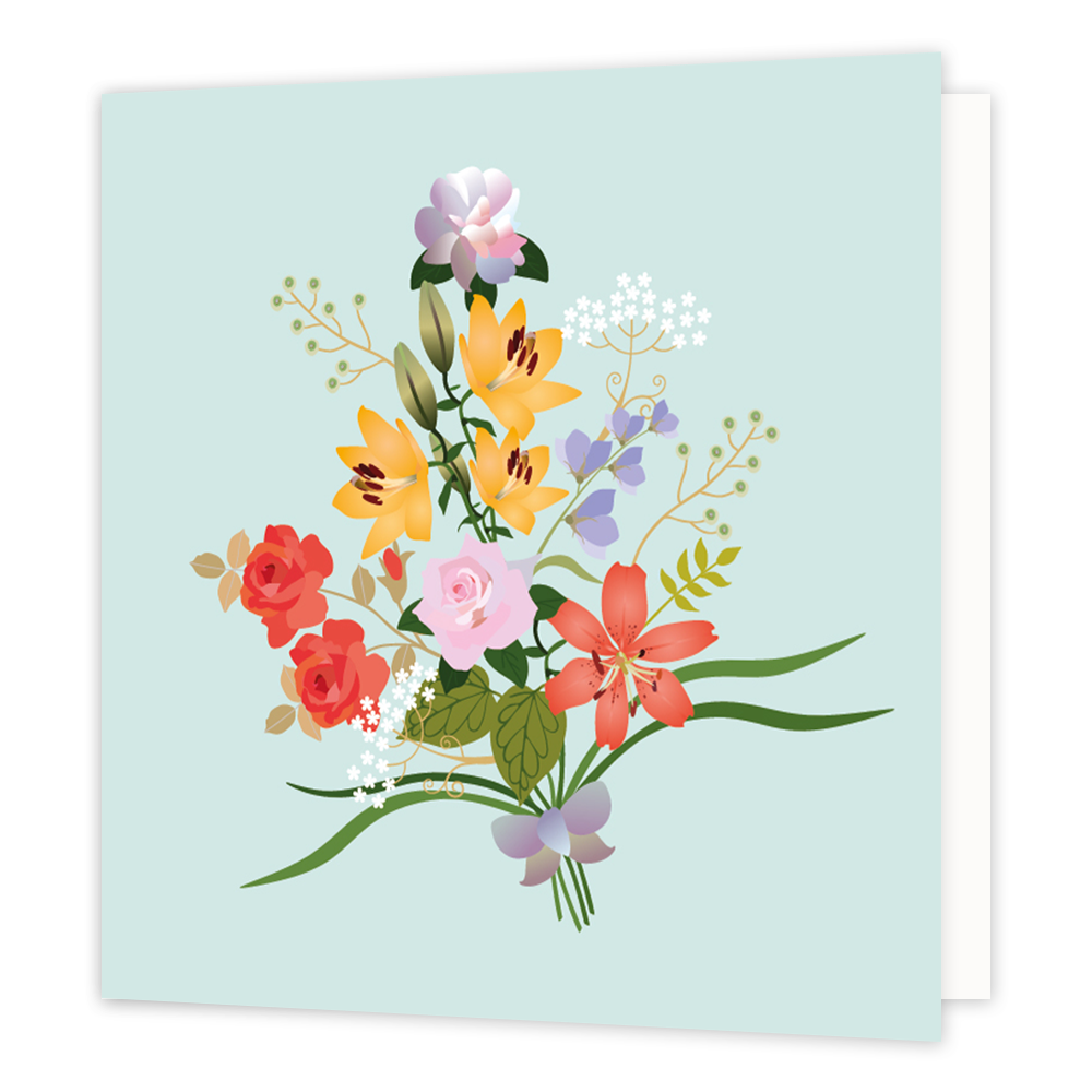 Bloemen - Formaat: Normaal - Vorm: Vierkant - Condoleance kaart - Op deze wenskaart staat een bloemenboeket met de kleuren wit,roze, geel, paars, rood en groen, op een mintgroene achtergrond. - Snelwenskaart