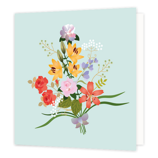 Bloemen - Formaat: Normaal - Vorm: Vierkant - Condoleance kaart - Op deze wenskaart staat een bloemenboeket met de kleuren wit,roze, geel, paars, rood en groen, op een mintgroene achtergrond. - Snelwenskaart