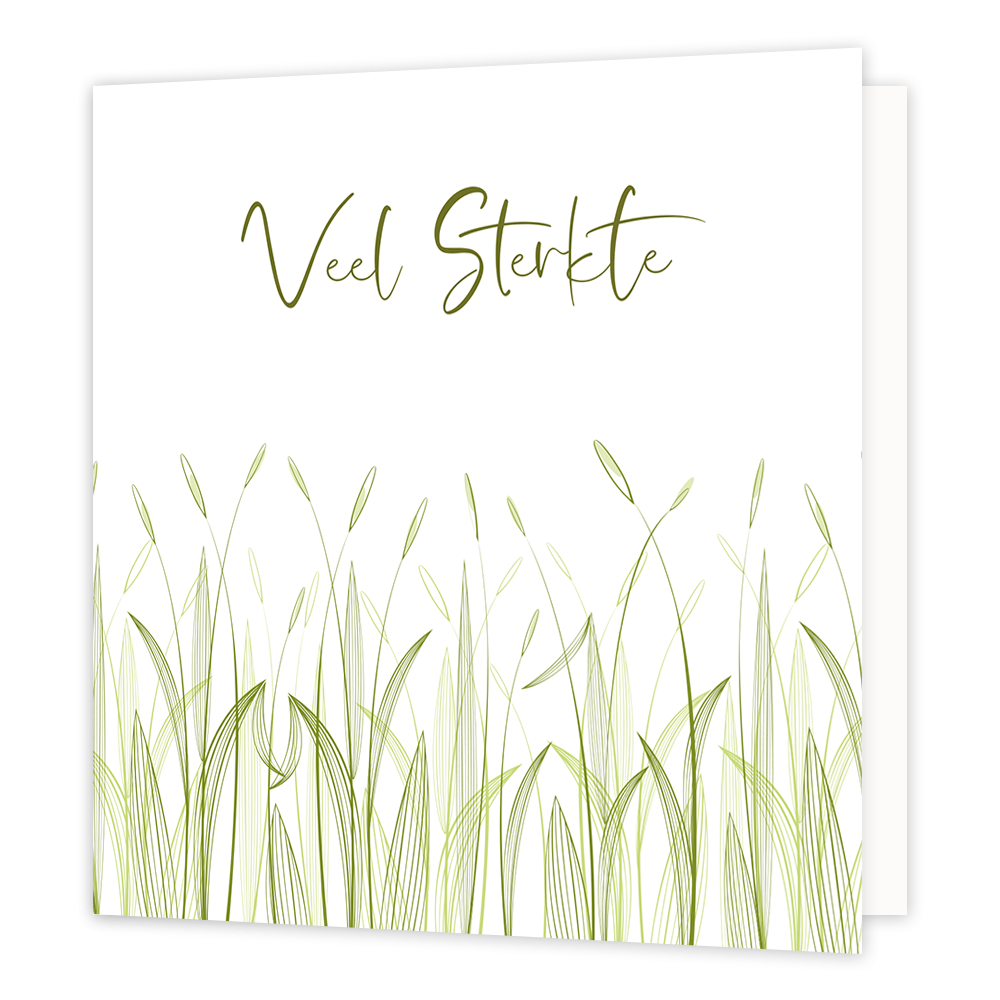 Veel sterkte - Formaat: Normaal - Vorm: Vierkant - Condoleance kaart - Op deze wenskaart staat gras op een witte achtergrond met daarboven de tekst: "Veel sterkte". - Snelwenskaart