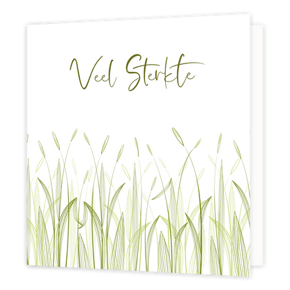 Veel sterkte - Formaat: Normaal - Vorm: Vierkant - Condoleance kaart - Op deze wenskaart staat gras op een witte achtergrond met daarboven de tekst: "Veel sterkte". - Snelwenskaart